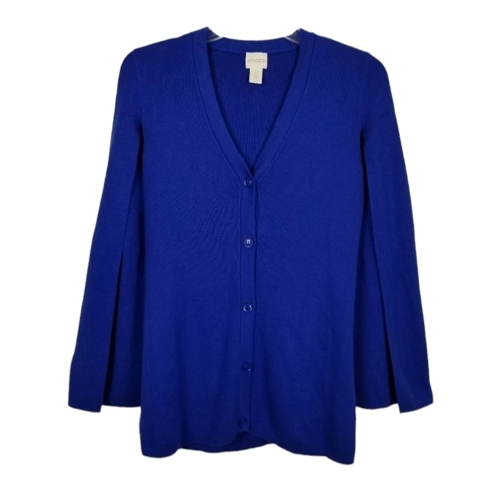Chico's Cardigan Cape Sweater Vneck Button Sleeveless Blue Size 0 Small/Medium